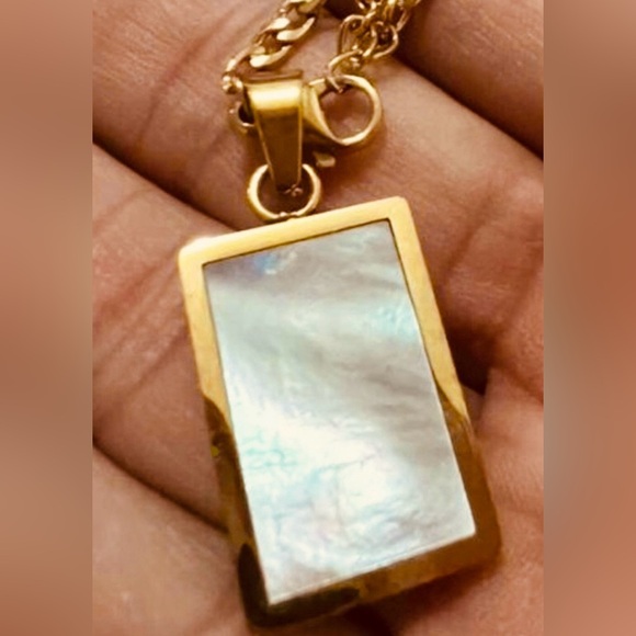 Mother Pearl Rectangle Iridescent Shell Gold Stainless Steel Geometric Necklace - Picture 13 of 17